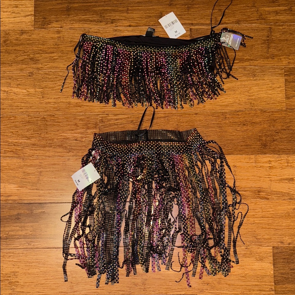 Forever 21 Black and Pink Fringe Skirt Set